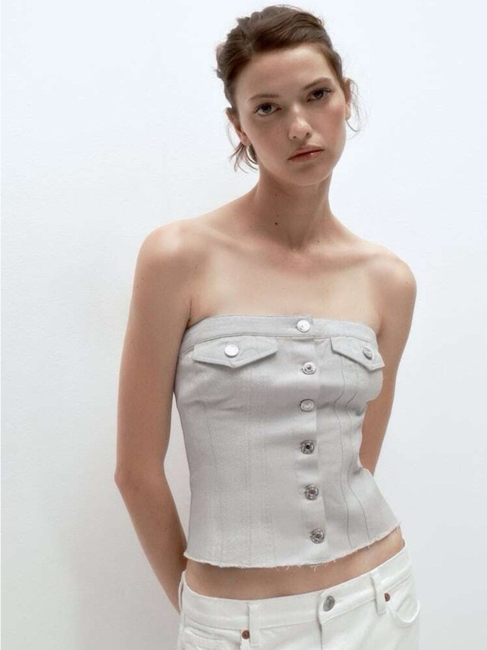 Zara Silver Metallic Button Down Denim Bustier Strapless Top NWT XS